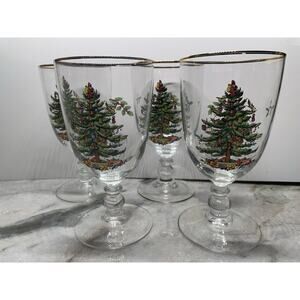 Spode Christmas Tree 16 Ounces Pedestal Goblets with Gold Rims Set of 4